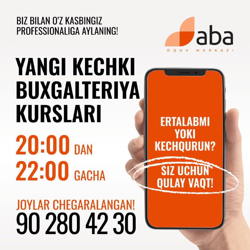 [Ro’yhatdan o’tish](https://www.coursetop.uz/uz/company-application/aba-education?marketingCampaign=ABA%20Education%20%D1%82%D0%B5%D0%BB%D0%B5%D0%B3%D1%80%D0%B0%D0%BC%20%D0%BA%D0%B0%D0%BD%D0%B0%D0%BB%D0%B8&amp;marketingContent=%D0%A1%D0%BE%D1%86%D0%B8%D0%B0%D0%BB%D1%8C%D0%BD%D1%8B%D0%B9%20%D0%BF%D0%BE%D1%81%D1%82&amp;marketingSource=TELEGRAM&amp;marketingMedium=%D0%9A%D0%BE%D0%BD%D1%82%D0%B5%D0%BD%D1%82) **|** [Ma’lumot uchun](https://taplink.cc/aba_oquv_markazi) **|** …