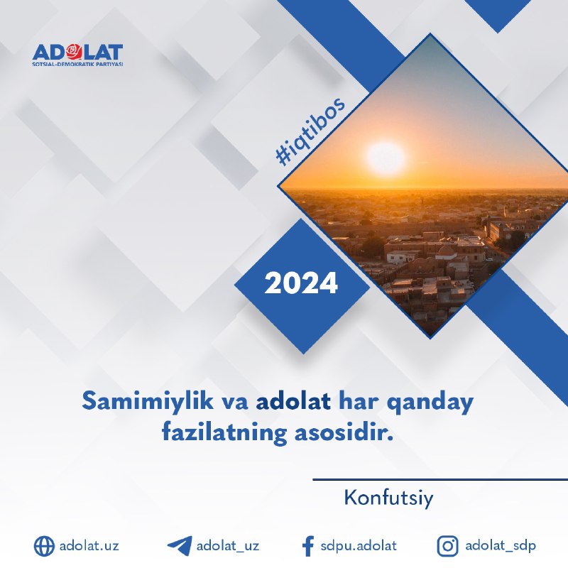 *****🌐*****[**Adolat.uz**](http://Adolat.uz/) **|*******🔵*****[Facebook](https://www.facebook.com/sdpu.adolat) **|** *****🚀*****[Telegram](https://t.me/adolat_uz) **|*******📷*****[Instagram](https://www.instagram.com/adolat_sdp/?hl=ru) **|*******🐤*****[Twitter](https://twitter.com/AdolatTv)**|*******🎬*****[YouTube](https://www.youtube.com/channel/UCkx-ijiA4qTKsjRjarAT-xA)