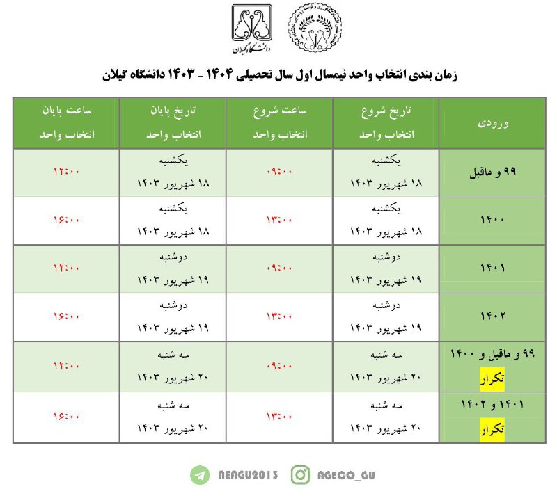 ***✅*****زمان بندی انتخاب واحد نیمسال اول …