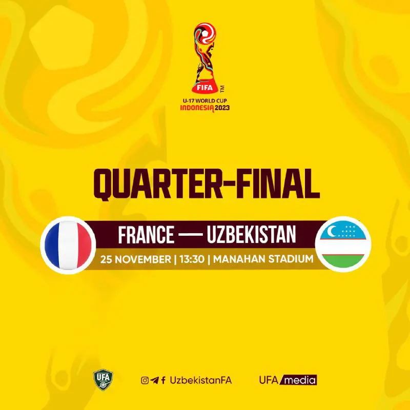 ***🇫🇷******⚽️******🇺🇿*** Les **équipes U17 de Football de France et d’Ouzbékistan** s’affronteront en **quart de finale de la Coupe du monde …