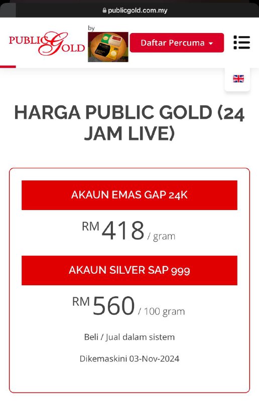 Harga semasa RM418/g pada **hari ini