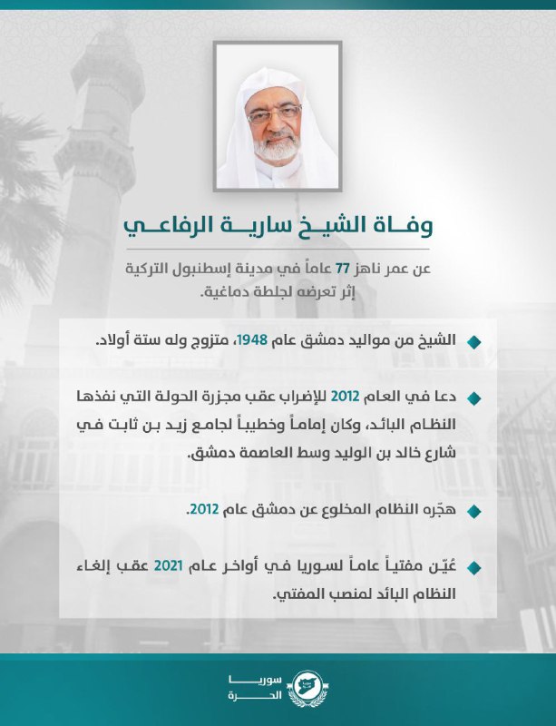 وفاة الشيخ سارية الرفاعي عن عمر …