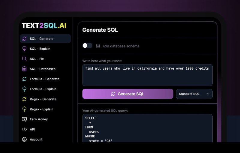 [Text2sql.ai](https://www.text2sql.ai/?aff=Jedm0&amp;utm_source=aitoolhunt)