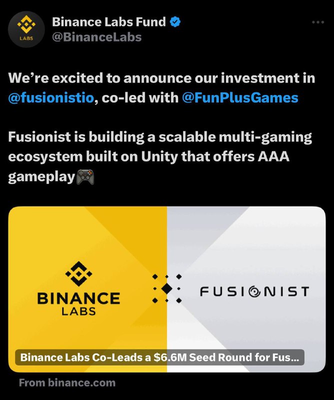 Binance Lab has invested on Fusionistio …