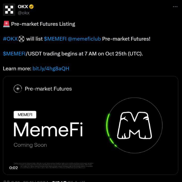 OKX birjasi Memefi o'yin tokenini premarketda …