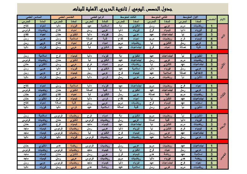 جدول ثانوية الحريري الاهلية للبنات
