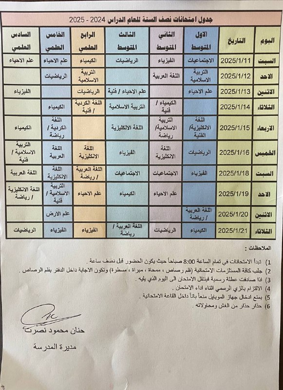 جدول امتحان نصف السنة للعام الدراسي …
