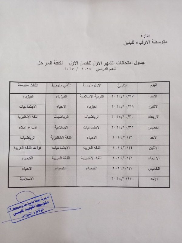 جدول امتحان الشهر الاول