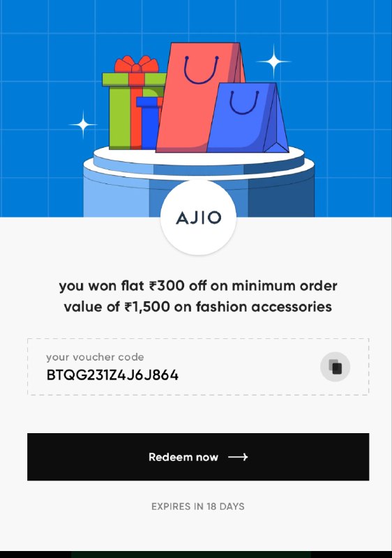 Ajio ₹300 off Voucher `BTQG231Z4J6J864`