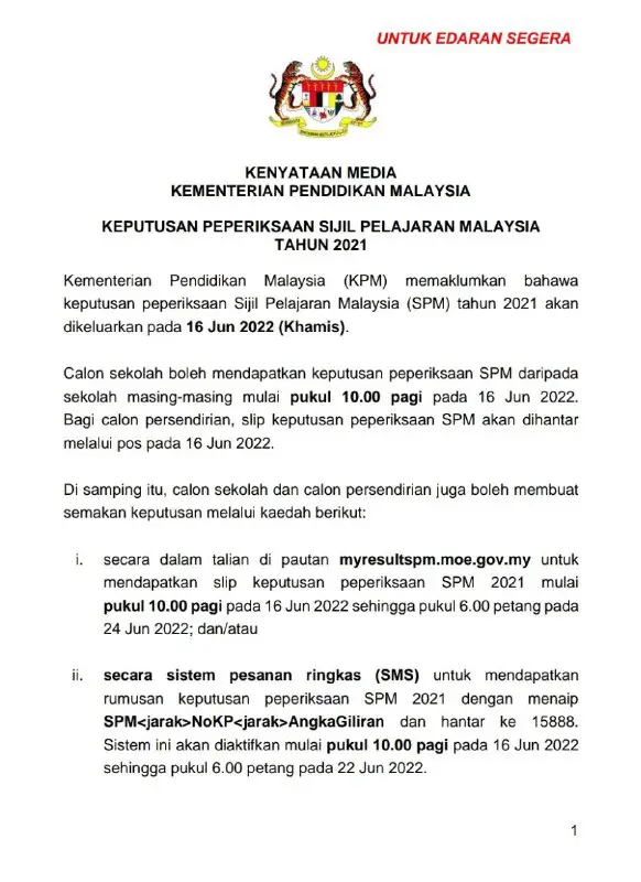 PENGUMUMAN KEPUTUSAN SPM 2021 [RASMI]