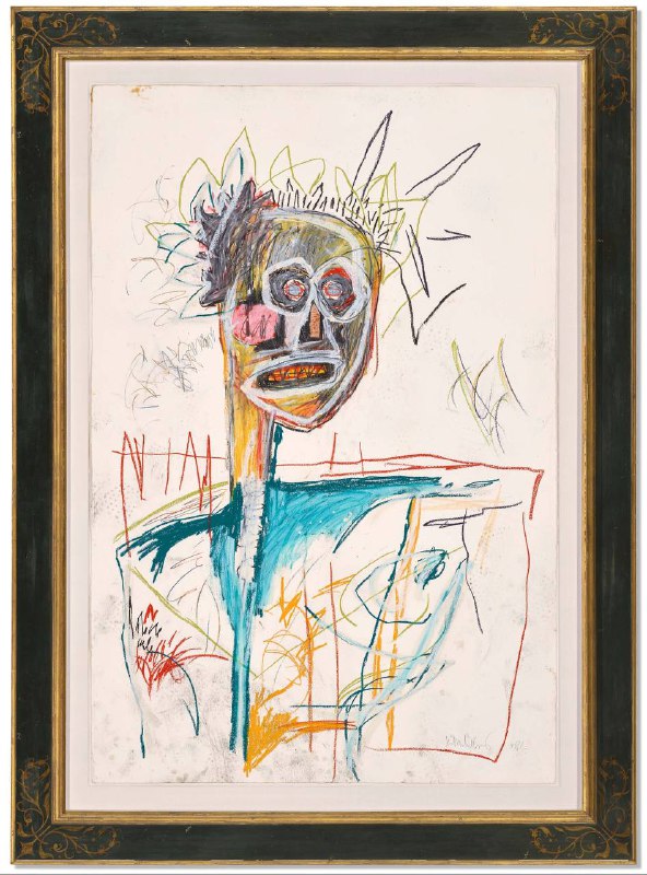 **Jean-Michel Basquiat 的《Untitled》（1982）是其藝術生涯的重要代表作，展現了他對古典符號與當代語言的融合。畫中人物頭戴月桂冠，象徵勝利與榮耀，暗示藝術家對自身歷史定位的思考。這一形象不僅承載了古典文化意涵，更融入了八十年代紐約街頭文化的視覺特徵。**