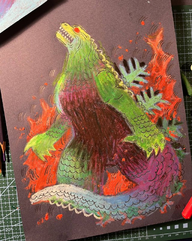 Godzilla with pastels and pencil***🌃******💥******🔥******🐊***