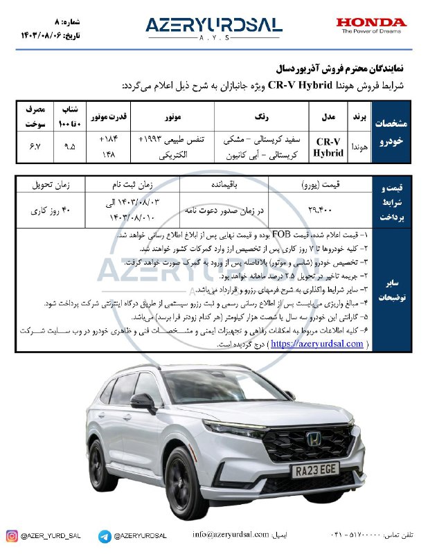 شرایط ثبت نام خودروی هوندا CR-V …