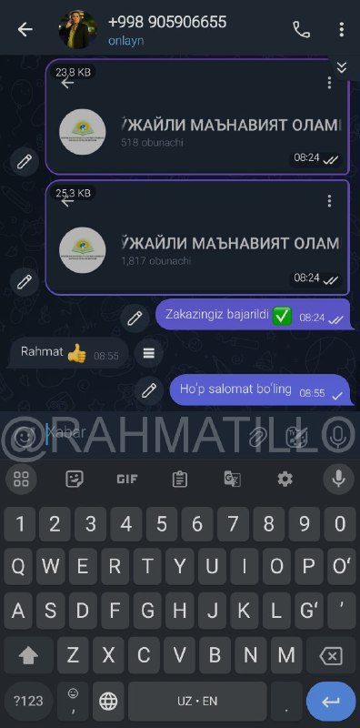 **1k zakaz bergan edilar