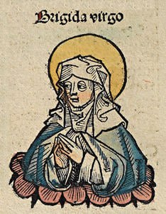 St. Brigid arising from a flower, …