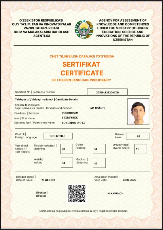 **Zokirjonov Bexruzbek — CEFR B2 certificate!**