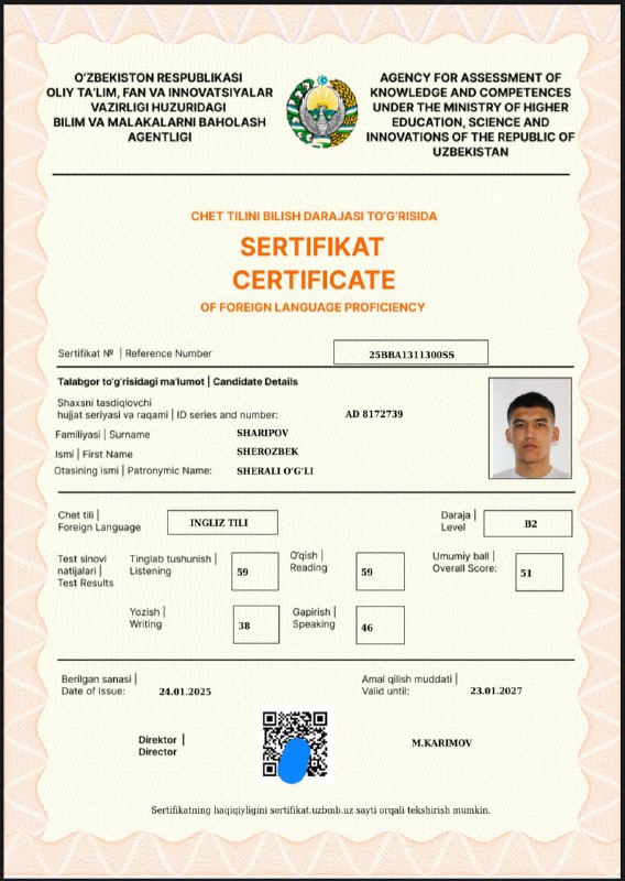 **Sharipov Sherozbek — CEFR B2 certificate!