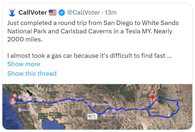 上周去了趟White Sands和Carlsbad Caverns。走之前一直犹豫要不要开Tesla，因为新墨西哥那边超冲不多。高速没问题，一路都有，非常方便，但是靠近国家公园的地方目前没办法。万幸的是网上找到了两个第三方的快速充电桩，决定试试运气，结果是非常完美。