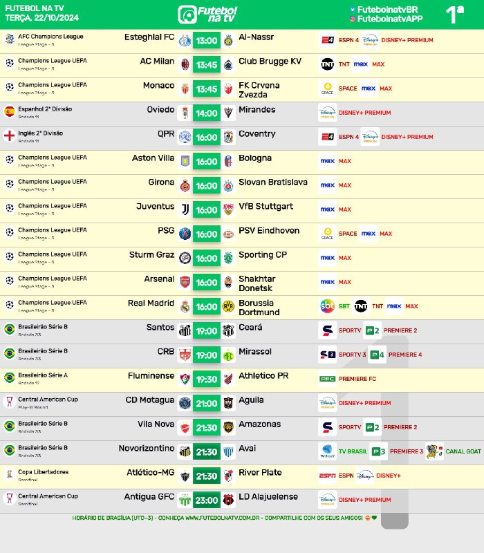 **A programação do futebol nessa terça-feira.**