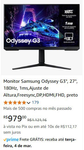 Monitor Samsung Odyssey G3", 27", 180Hz, …