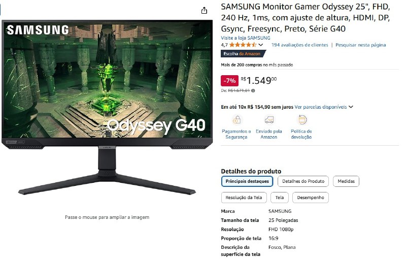 SAMSUNG Monitor Gamer Odyssey 25", FHD, …