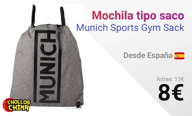 ***?*****[OFERTAZO] Mochila tipo saco Munich Sports Gym Sack por 8€** [***?***](http://img.chollos.ch/2024/5/1719604585871.jpg)