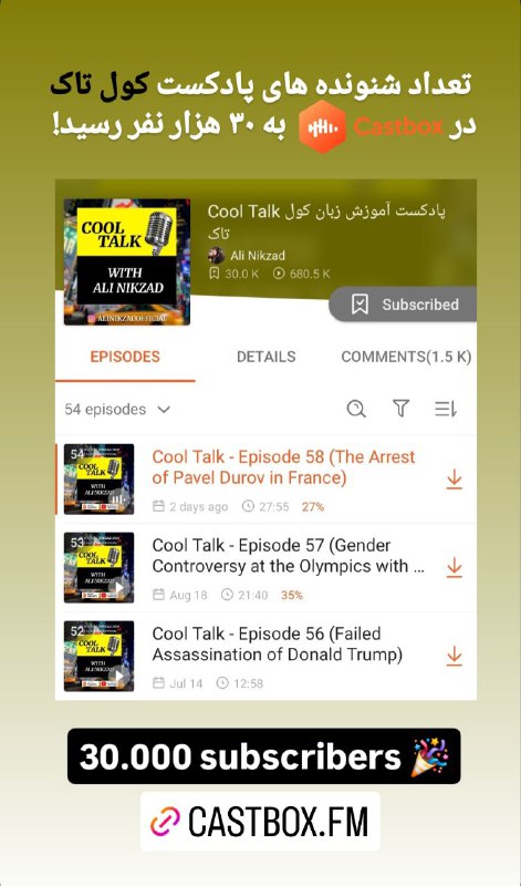 تعداد شنونده های پادکست Cool Talk …