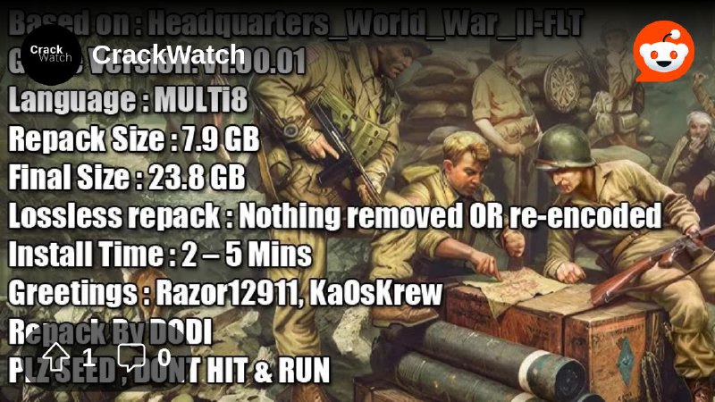 [Headquarters: World War II (v1.00.01 + MULTi8) [DODI Repack]](https://reddit.com/r/CrackWatch/comments/1c3s2u3/headquarters_world_war_ii_v10001_multi8_dodi/)