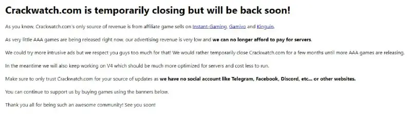 [Crackwatch.com](http://Crackwatch.com/) has been temporary closed, they …