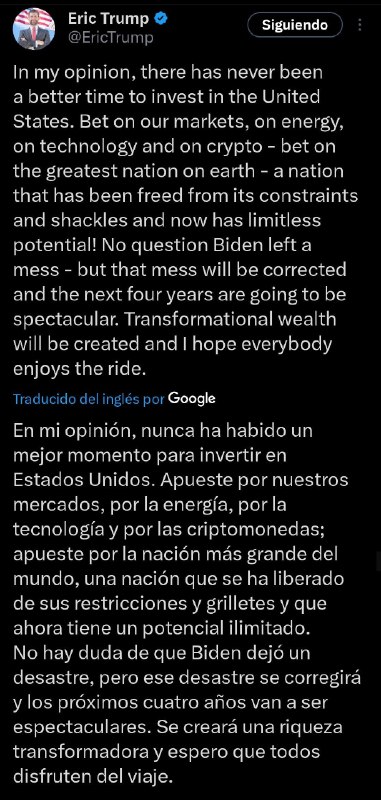 ***??***Eric Trump publica sobre criptomonedas‌‌ ***?***