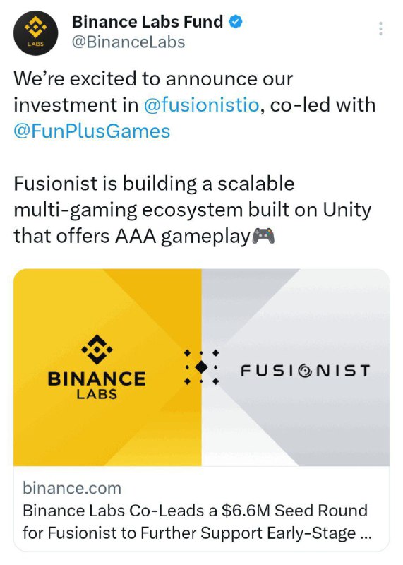 Binance Lab has invested on Fusionistio.