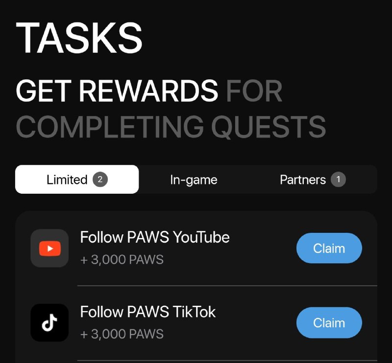 Новые задания в [PAWS](https://t.me/PAWSOG_bot/PAWS?startapp=3YDMbJTh)
