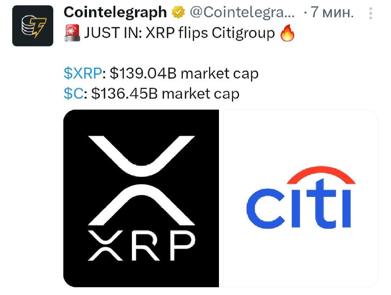 **XRP опередил по капитализации Citigroup ***🔥*****