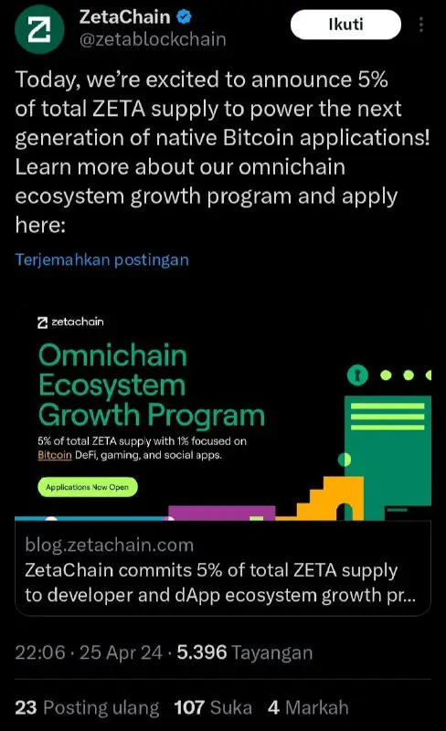 Zeta Chain $ZETA mengumumkan memberikan 5% …