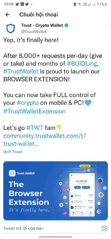 Trust Wallet ra mắt tiện ích mở rộng trình duyệt cho PC