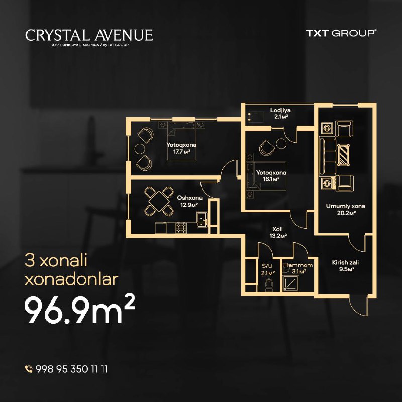 Crystal Avenue turar-joy majmuasidagi 3 xonali …