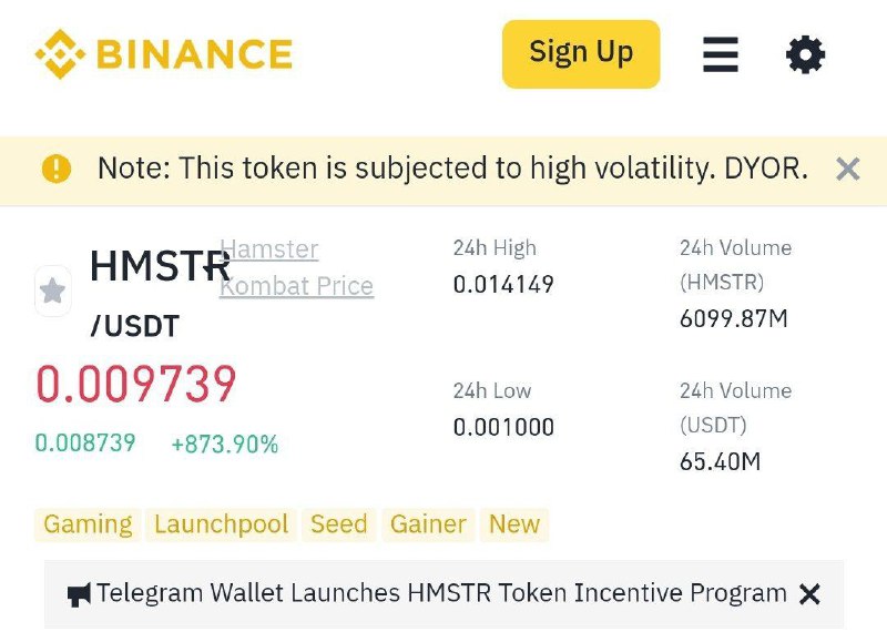 **همستر با قیمت 0.009$ در بایننس …
