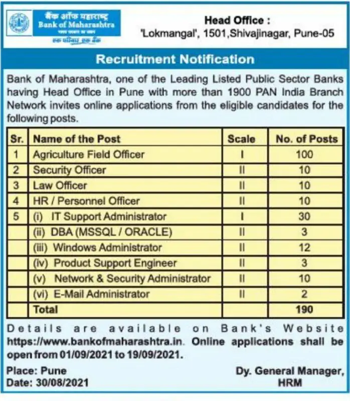 **Bank Of Maharashtra 190 vacancies**