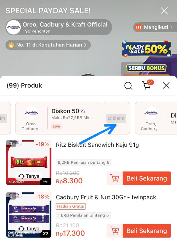 Klaim voucher 50% di live toko