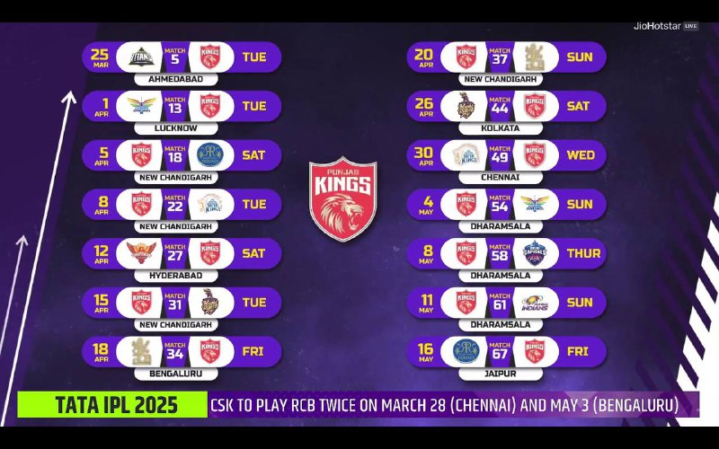 **PUNJAB KINGS SCHEDULE FOR IPL 2025**