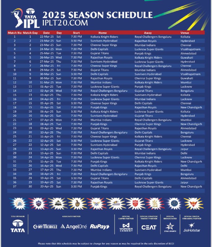 **IPL 2025 FULL SCHEDULE ***😎*****