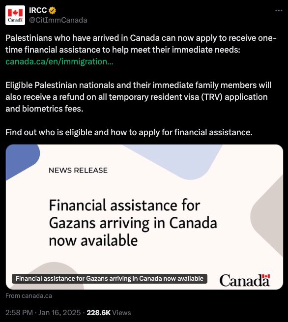 [More money for everyone but Canadians...](https://www.canada.ca/en/immigration-refugees-citizenship/news/2025/01/financial-assistance-for-gazans-arriving-in-canada-now-available.html)