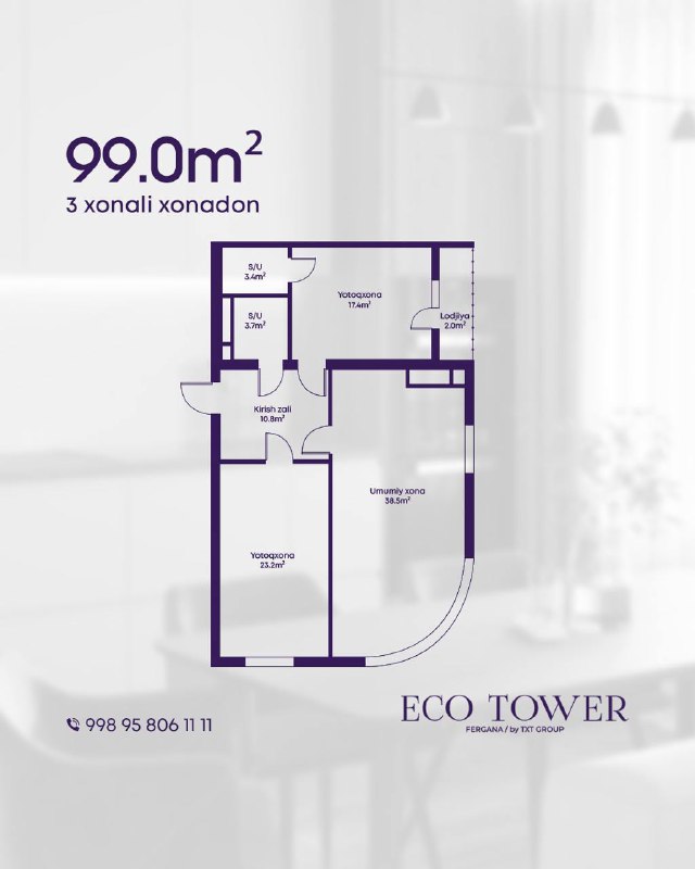 Eco Towerʼdagi 3 xonali xonadonlar oila …