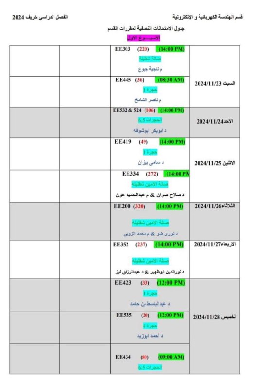 جدول الامتحانات النصفية
