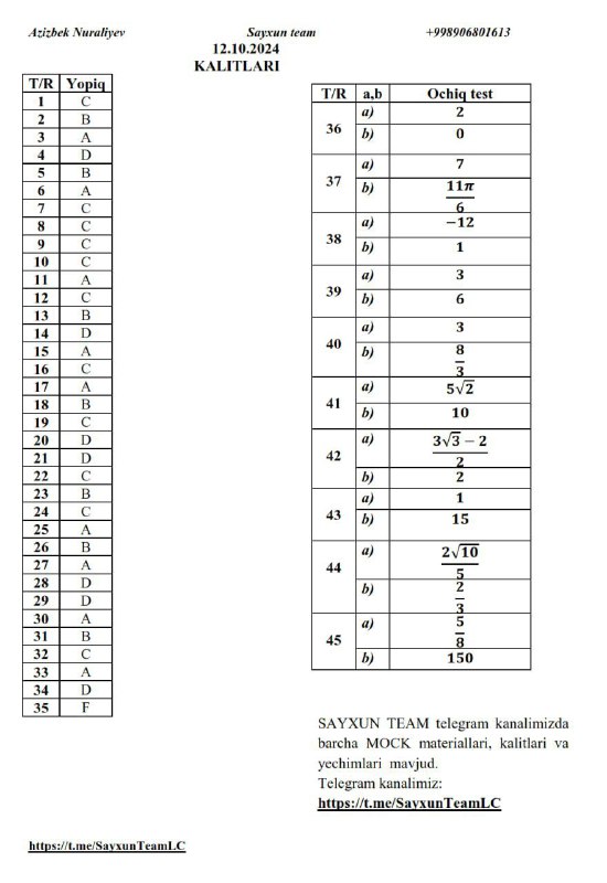 **12.10.2024 Milliy sertifikat imtihon savollari**