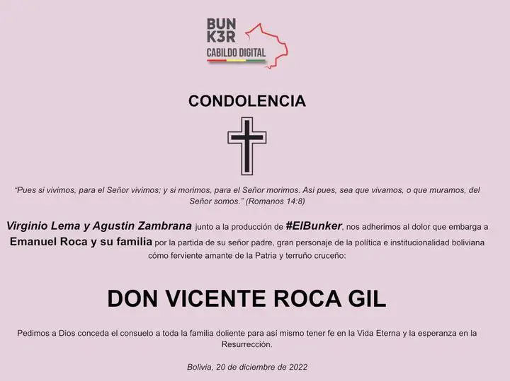 Condolencias por el fallecimiento del que en vida fue, Ing. Vicente Roca Gil.