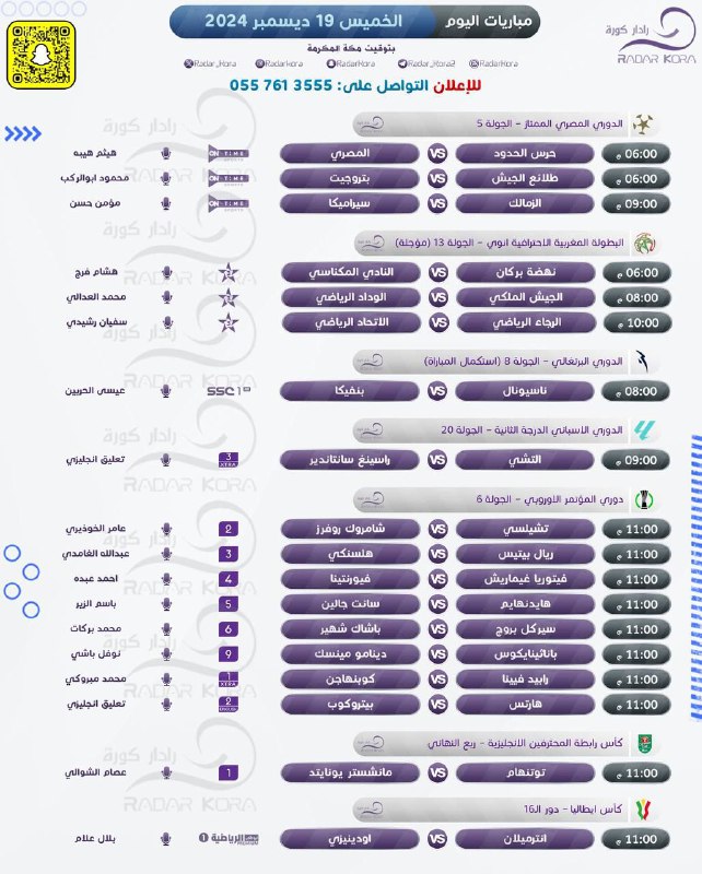 **مباريات اليوم : الخميس 19 ديسمبر …