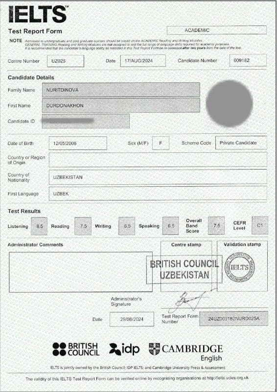 Yaqindagina IELTS 7.5 balni qo'lga kiritgan …