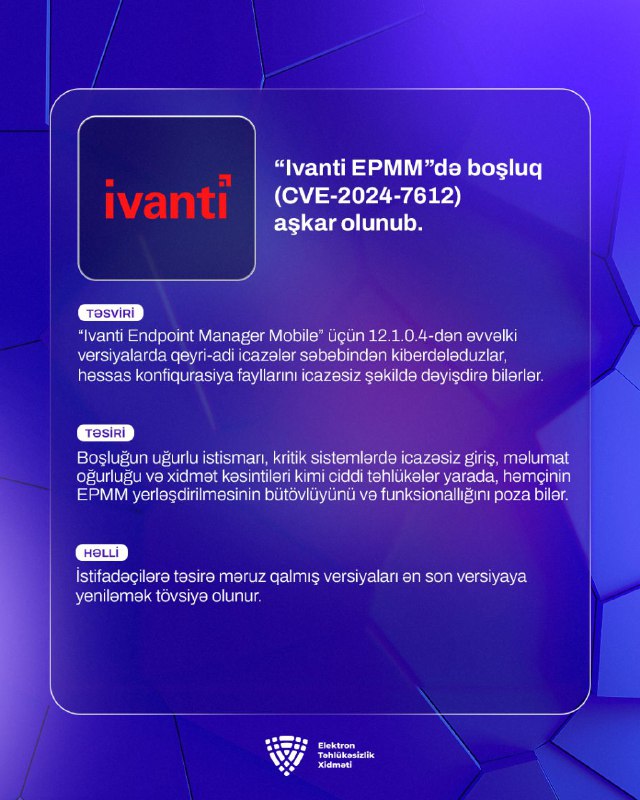 “Ivanti EPMM”də boşluq (CVE-2024-7612) aşkar olunub.