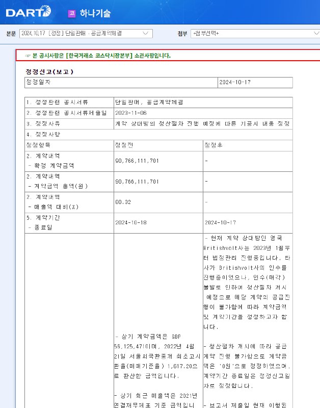 하나기술 단일판매 계약 정정 공시